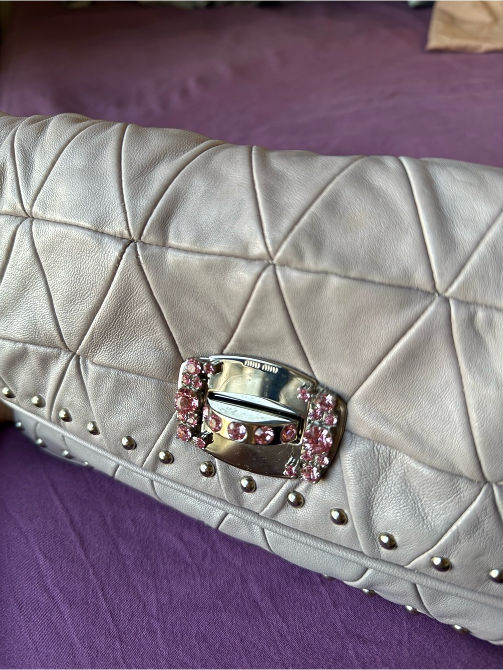 Miu Miu by Prada Quilt Studded Shoulder Bag Jeweled Chain Y2K Clutch Versatile - Picture 7 of 11